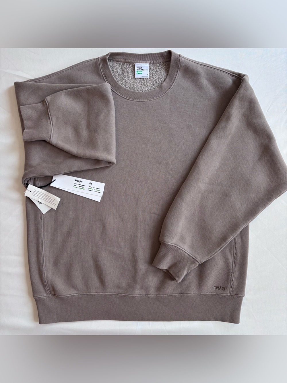 🆕 NWT TNA | Bubble Fleece Boyfriend Crewneck Sweater | GD Mercury Taupe | Sz: M